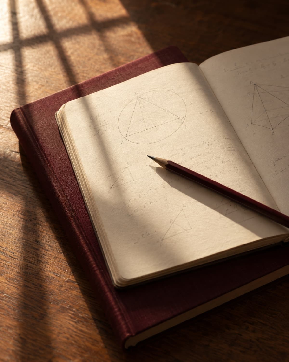 An open notebook and burgundy pencil in warm afternoon sunlight