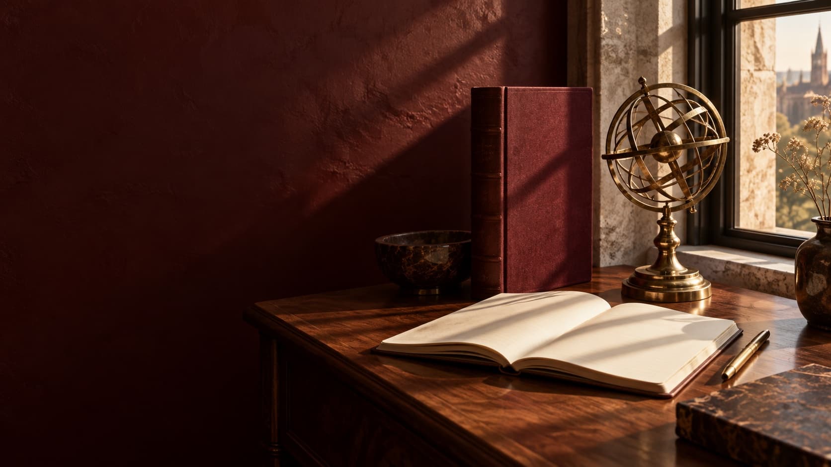 An open notebook, burgundy books and a brass armillary sphere in warm window light